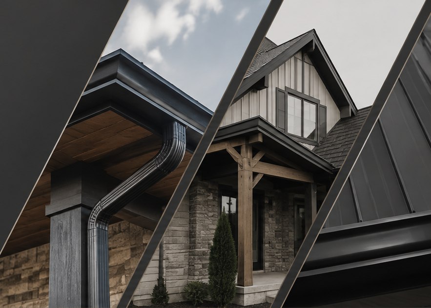 Residential exterior details — a gutter run and downspout under a deep soffit, a gabled roofline with timber porch posts, and a standing-seam roof edge